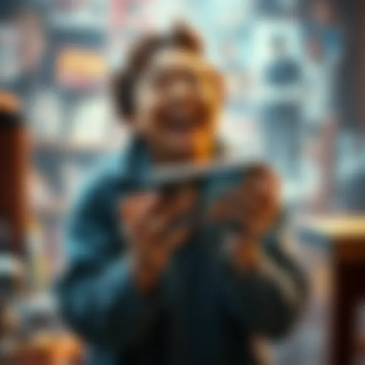 A joyful person celebrating while holding their first rare collectible in their hands, surrounded by other collectibles