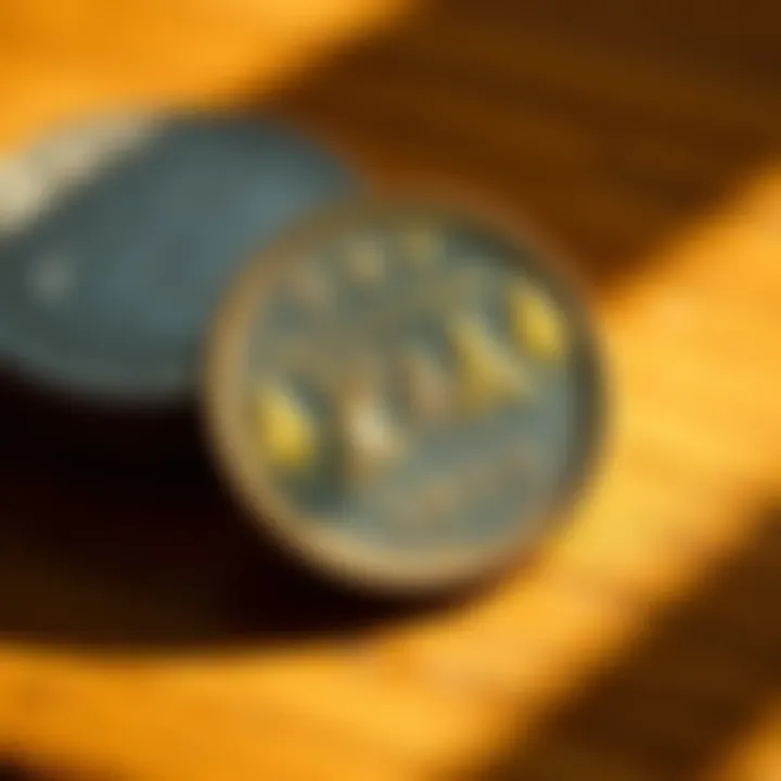 A close-up of a rare coin showing signs of an error, with sunlight reflecting off its surface, resting on a wooden table.