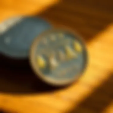 Rare Family Coin A close-up of a rare coin showing signs of an error, with sunlight reflecting off its surface, resting on a wooden table.