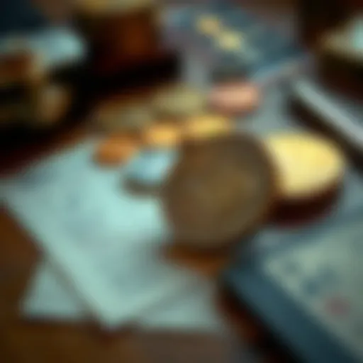 A close-up of a rare coin showcased on a wooden table, highlighting its unique features and shine, surrounded by collectors' notes and tools.