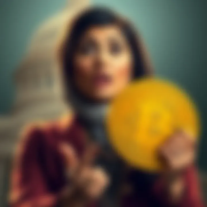 Rep. Rashida Tlaib standing with a Bitcoin logo and a surprised expression, symbolizing her new investment in cryptocurrency
