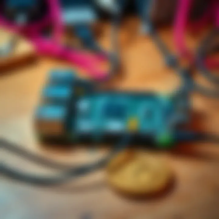 A Raspberry Pi 3B board with cables and accessories on a wooden workbench, ready for projects.