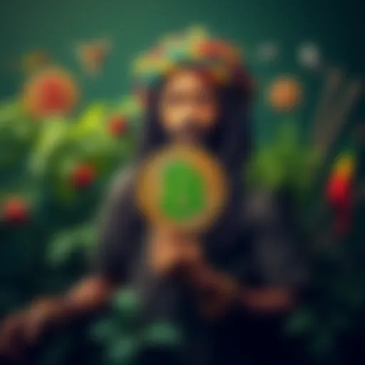 A Rastafarian man in traditional attire holding a Bitcoin symbol, surrounded by lush greenery and cultural symbols.