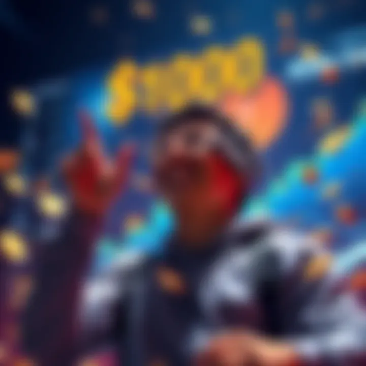 A person celebrating their achievement of earning $1000 in Atlas Earth, with a background showing the game's interface and coins symbolizing money.