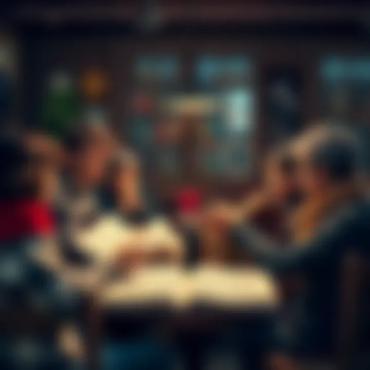 Readers Discussing Novels A group of readers gathered in a cozy cafe, discussing recent novels with books open on the table, expressing their thoughts on character development and plot depth.