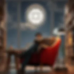 A person sitting in a cozy chair, reading the book Endymion, surrounded by bookshelves and a warm light.