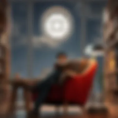 A person sitting in a cozy chair, reading the book Endymion, surrounded by bookshelves and a warm light.