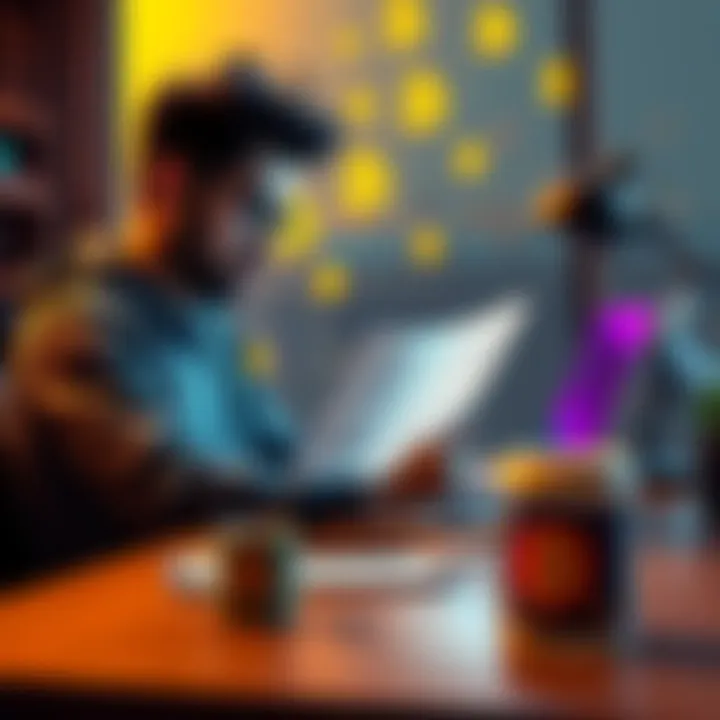 A person sitting at a desk, deeply engrossed in reading the Bitcoin whitepaper on a laptop, with a coffee mug and cryptocurrency symbols in the background.
