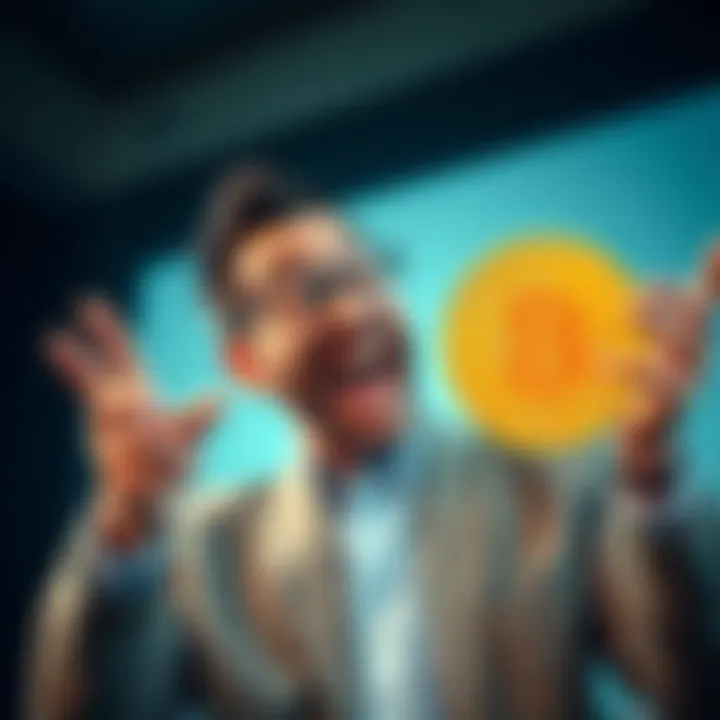 A cheerful real estate expert humorously criticizing Bitcoin, with a big smile and funny gestures, highlighting his amusing points about cryptocurrency.