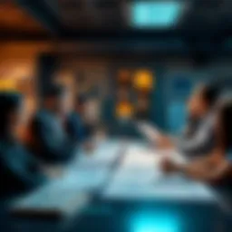 A group of diverse people discussing real estate tokenization at a table with charts and documents