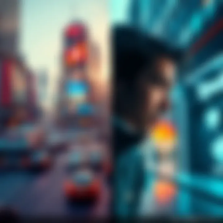 Reality and Fiction Blend A split image showing a busy city street on one side and a scene from a movie on the other, illustrating the merging of real life and fictional storytelling.