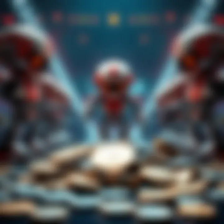 A collection of futuristic droids displayed alongside shiny coins, representing the excitement of coin enthusiasts.