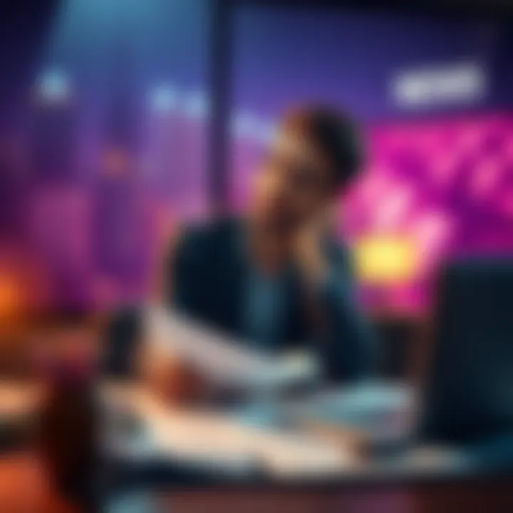 A thoughtful person analyzing recent events with papers and a laptop in front of them