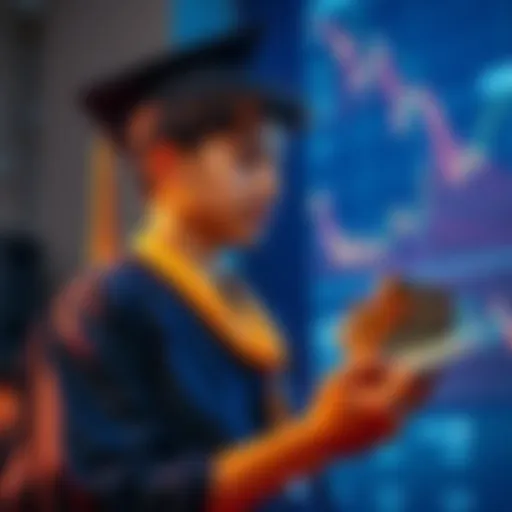 A young graduate holding a stack of cash and looking at a digital chart, symbolizing investment in cryptocurrency daily