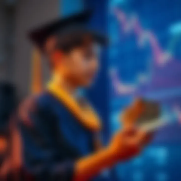 A young graduate holding a stack of cash and looking at a digital chart, symbolizing investment in cryptocurrency daily