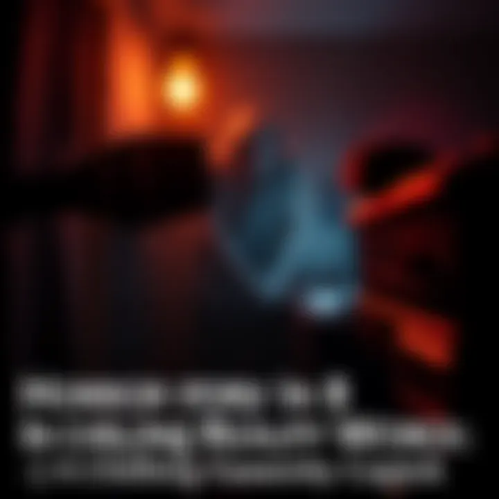 A close-up of a microphone and camera in a dark room, with shadows looming, hinting at unseen terror