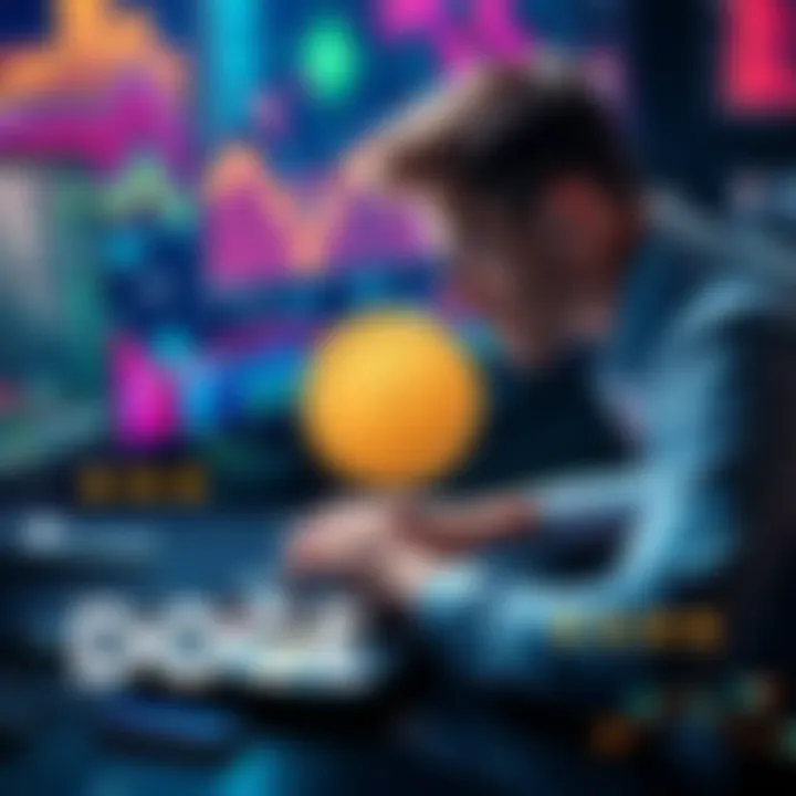 A person using a computer to recover Dogecoin from an old hard drive, surrounded by digital graphics representing cryptocurrency.