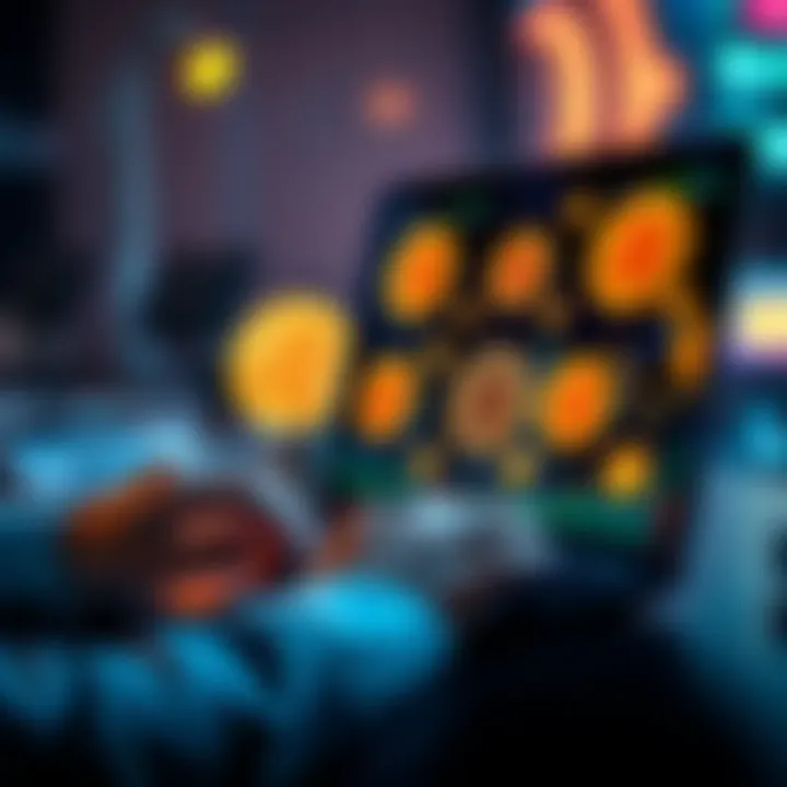 A person using a laptop with Bitcoin symbols on the screen, focusing on wallet recovery tools like btcrecover, hashcat, and John the Ripper.