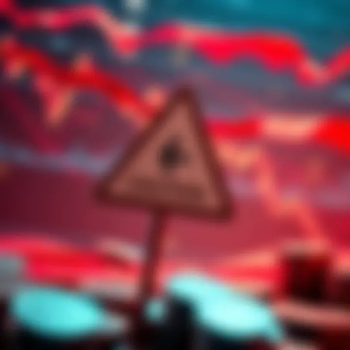 A caution sign symbolizing risks in cryptocurrency, with digital coins and charts in the background.