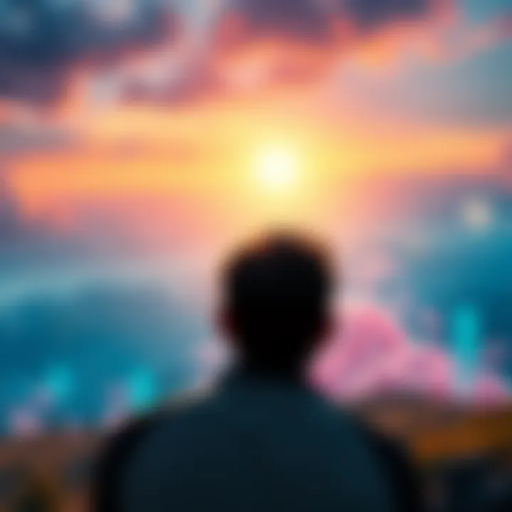 A person looking toward a bright horizon with symbols of technology and growth around them