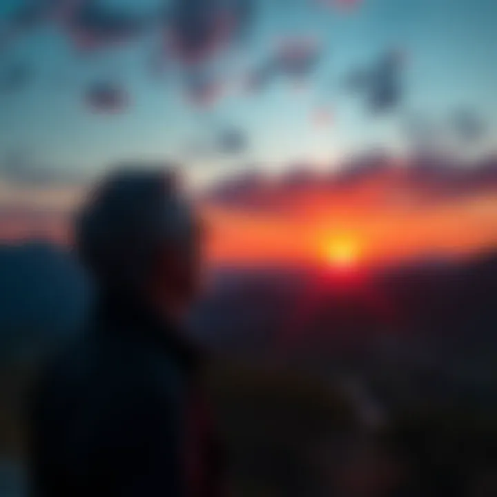 A person looking at a sunset, contemplating their life experiences, surrounded by nature.