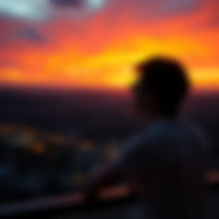 Reflecting on Lost Profits A person looking out at a sunset, feeling nostalgic about 2021 and the hope for future profits.