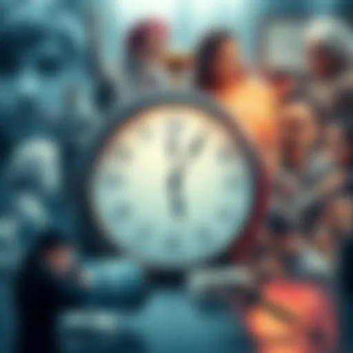 A clock symbolizing time passing, with diverse images of people and events surrounding it, representing change over five years.