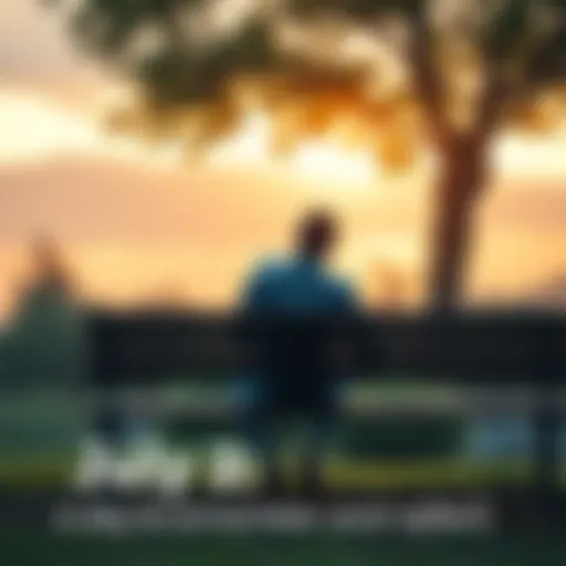 A thoughtful person sitting on a bench, looking at a calendar marked July 2, surrounded by nature, symbolizing reflection and remembrance.