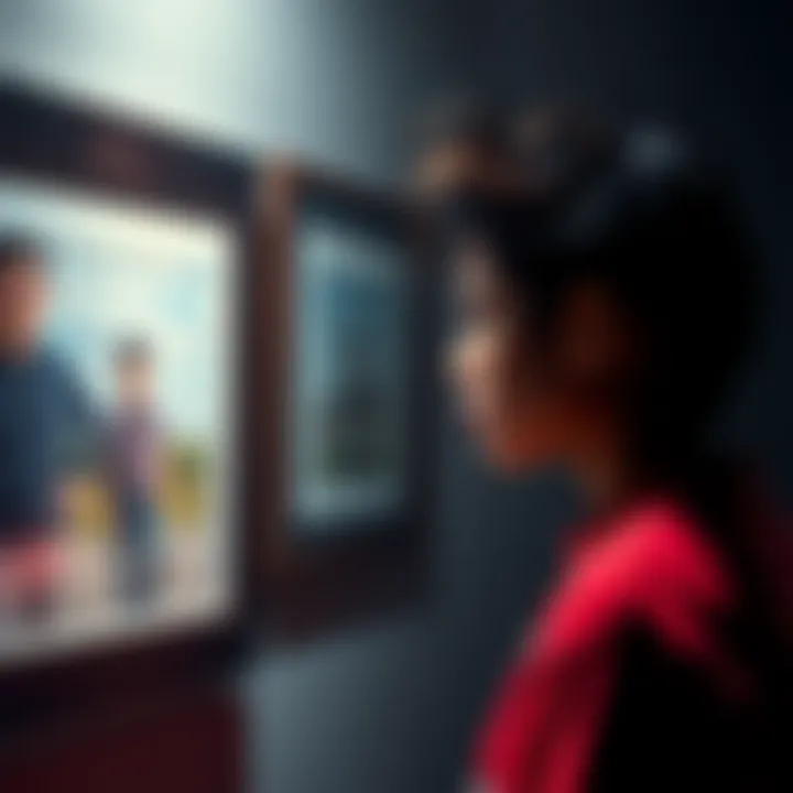 A person looking thoughtfully at a photo on a wall, contemplating its meaning.