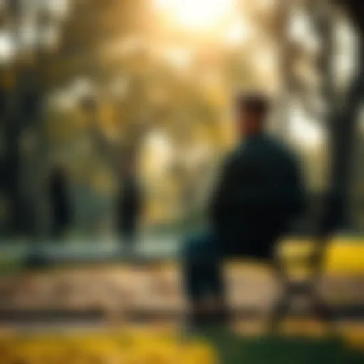 A person sitting on a park bench looking contemplative, surrounded by trees and soft sunlight, symbolizing internal conflict about prejudice.