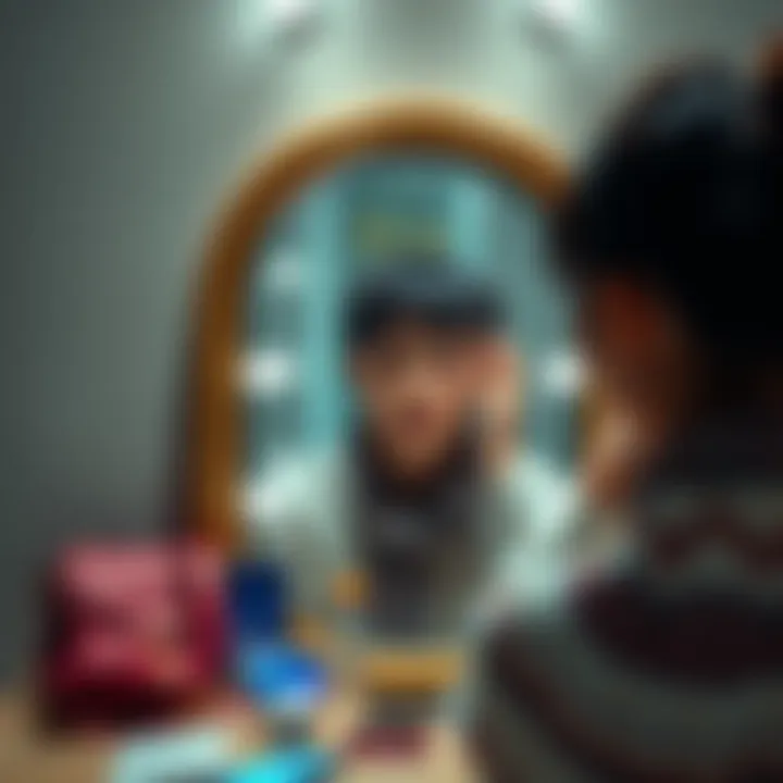 Reflection on Vanity A person looking into a mirror, contemplating their self-image and identity, surrounded by various symbols of modern culture like smartphones and fashion items.