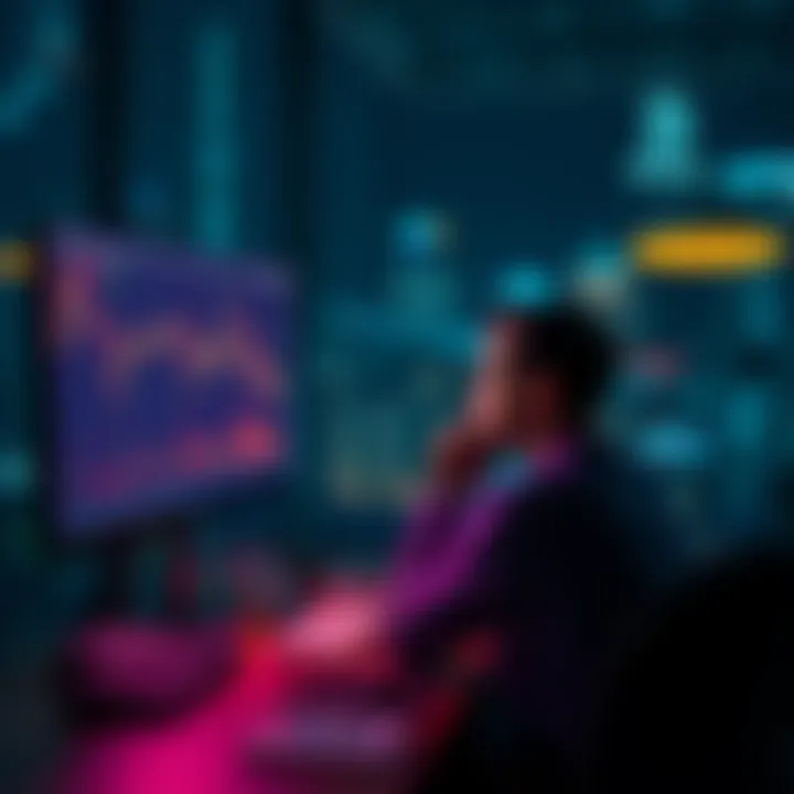 Person sitting at a desk looking at a computer screen showing Bitcoin charts with a thoughtful expression