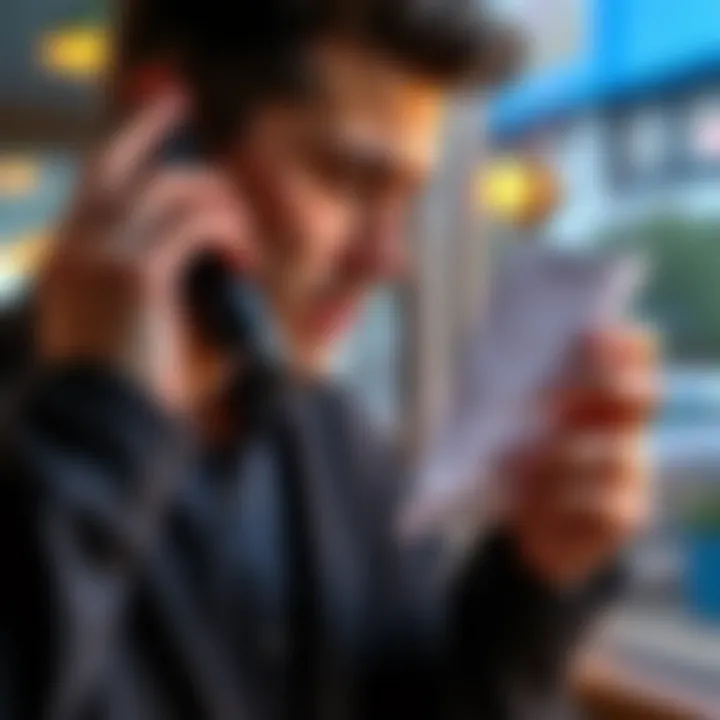 A frustrated person on the phone examining a receipt for a chargeback refund