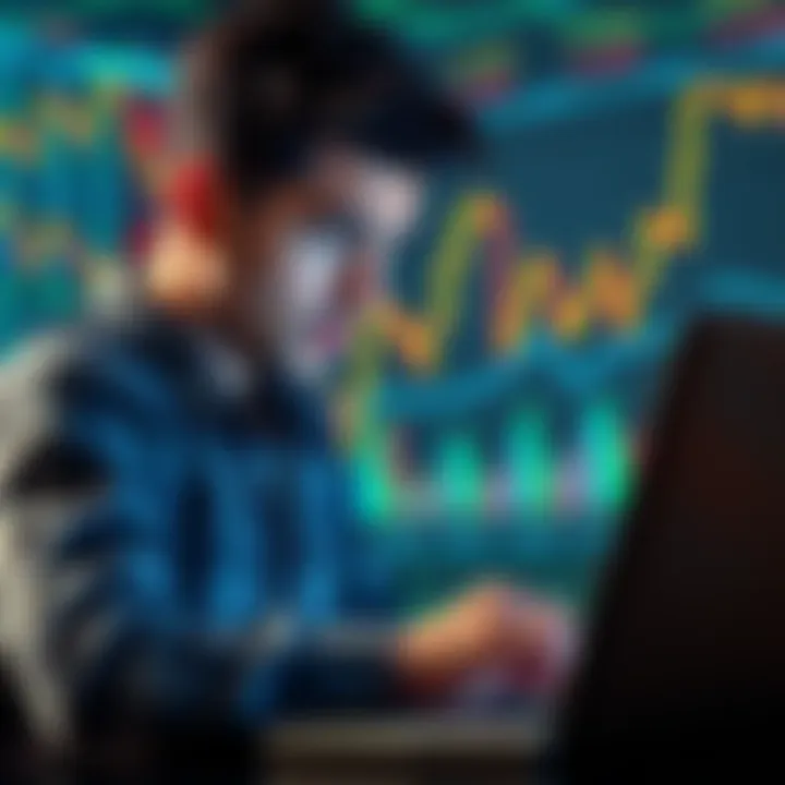 A person looking worried while checking financial news on a laptop, with charts and graphs of cryptocurrency prices in the background.