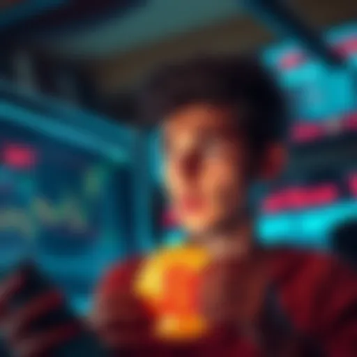 A young adult looks distressed while looking at a Bitcoin price chart, reflecting on the missed opportunity after selling Bitcoin to pay bills.