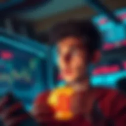 Regret Over Bitcoin Sale A young adult looks distressed while looking at a Bitcoin price chart, reflecting on the missed opportunity after selling Bitcoin to pay bills.