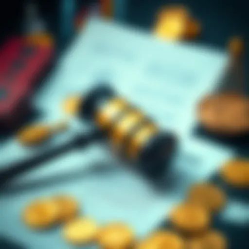 A close-up of a gavel placed on financial documents and digital currency symbols, symbolizing the regulation of stablecoins.