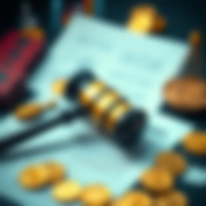 A close-up of a gavel placed on financial documents and digital currency symbols, symbolizing the regulation of stablecoins.