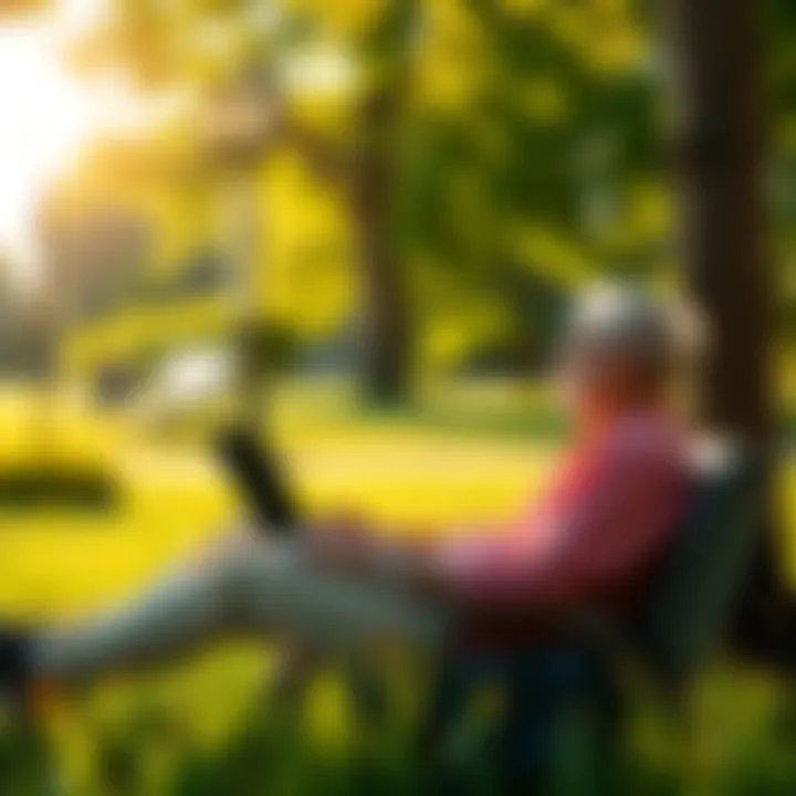 A person sitting peacefully in a park with a laptop, managing investments while enjoying the weekend sun.