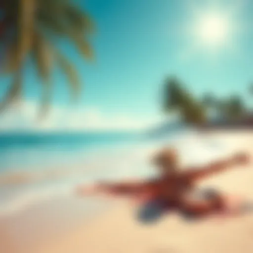 A serene beach with gentle waves, a sunbather lounging on a towel under a bright sun, palm trees swaying in the background, capturing the relaxed vibe of summer.