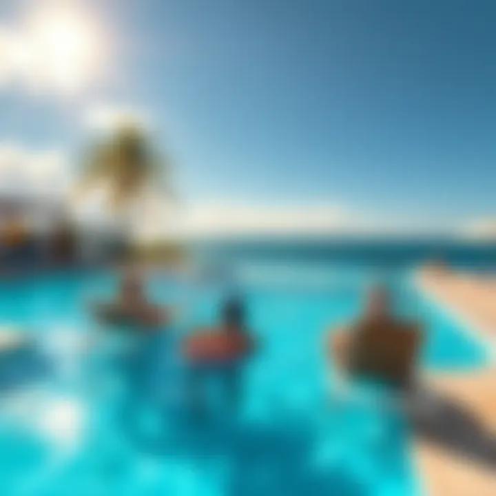 A sunny poolside setting with lounge chairs and people enjoying the water