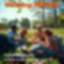People enjoying a sunny day at the park, sitting on blankets, laughing, and sharing food while surrounded by nature.