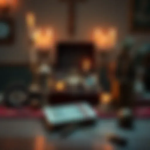 A collection of unique religious items including a circumcision practice kit, displayed on a table with books and candles.
