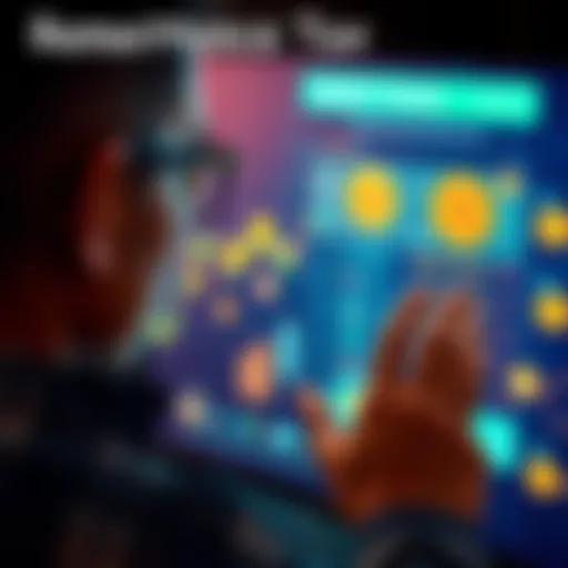 A person looking at cryptocurrency options on a digital screen with money symbols in the background, representing the shift from traditional remittance services due to a new tax.