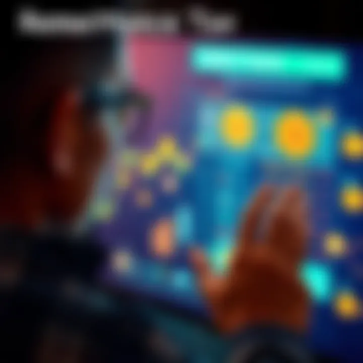 A person looking at cryptocurrency options on a digital screen with money symbols in the background, representing the shift from traditional remittance services due to a new tax.