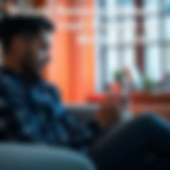 A remote worker sitting at home, looking at their phone for work emails, showing the blend of personal and professional life