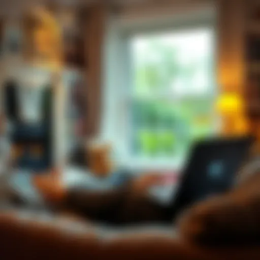 A person working on a laptop while sitting in a cozy living room in the UK, with family photos in the background.