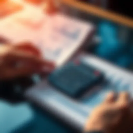 A person calculating rental income with a calculator and a notepad, showing graphs and numbers related to break even points in rent