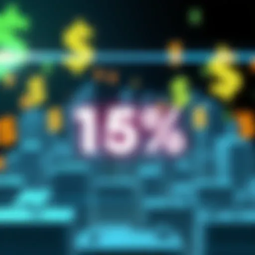 A graphic showing a rent increase of 15%, with dollar signs and graphics of parcels in the background.