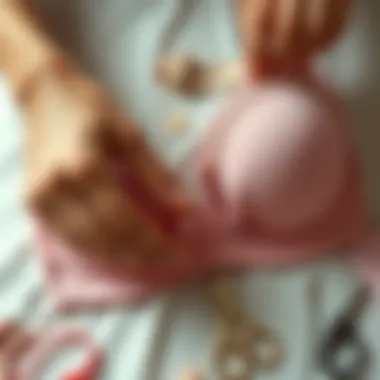 A close-up of hands fixing the underwire in a comfortable bra with sewing supplies around